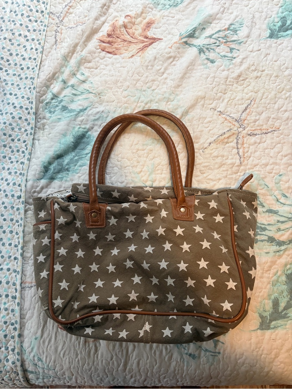 Myra Tote Star Print Canvas Tote Bag with Brown Trim